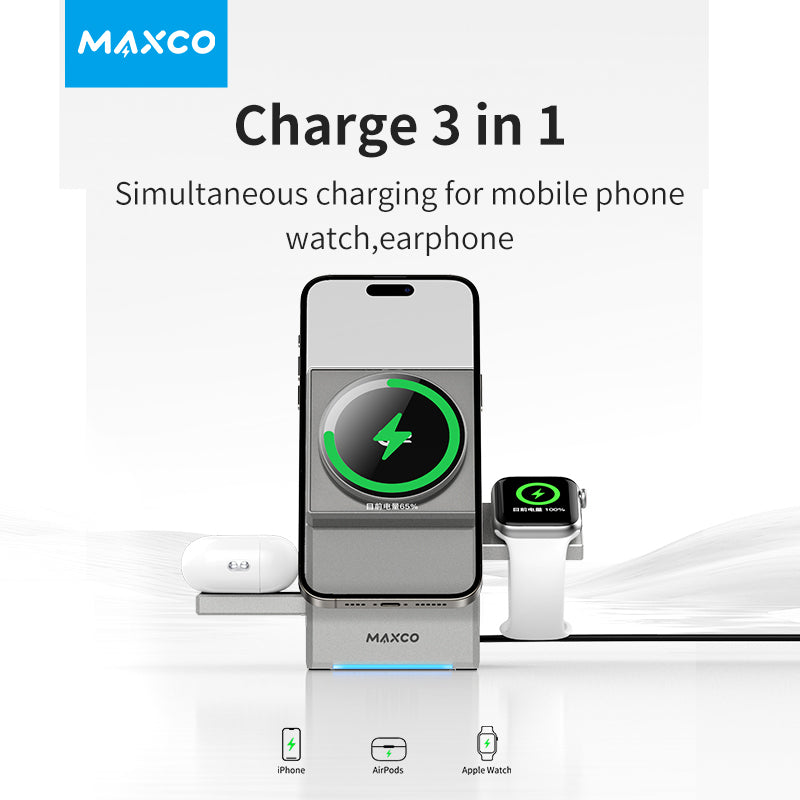 MAXCO charging station with phone, watch, and earbuds on a white background