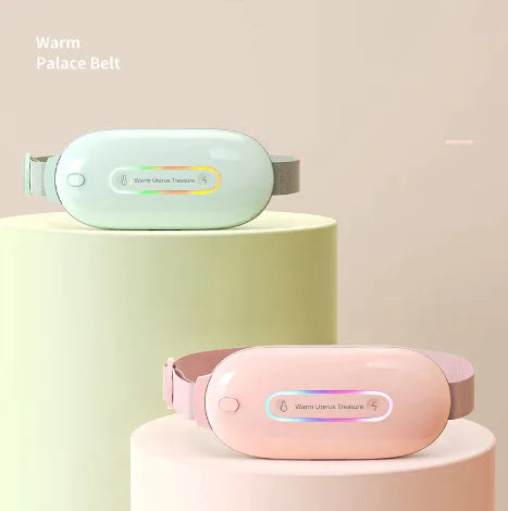 Two pastel-colored electronic devices on cylindrical stands with 'Warm Palace Belt' branding.
