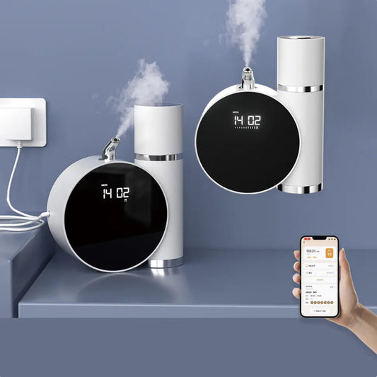 Digital clock with humidifier and steam, smartphone control, on a blue background