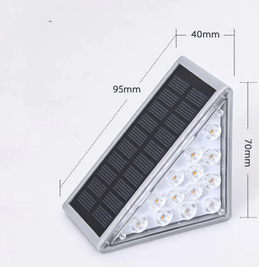 Solar-powered LED light with dimensions labeled on a white background