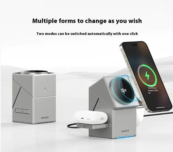 Multi-device charging station with smartphone, airpods, and power bank on a white background