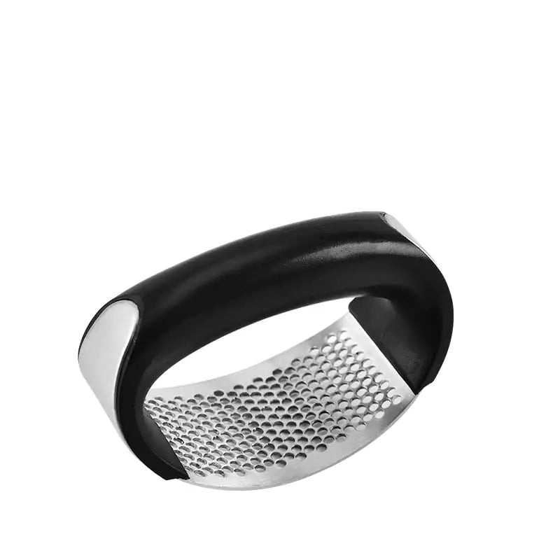Black and silver handheld grater on a white background